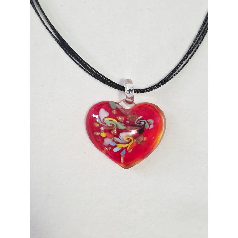 Murano Style Red Glass Heart Pendant Necklace Multicolor Swirl Design Black Cord
